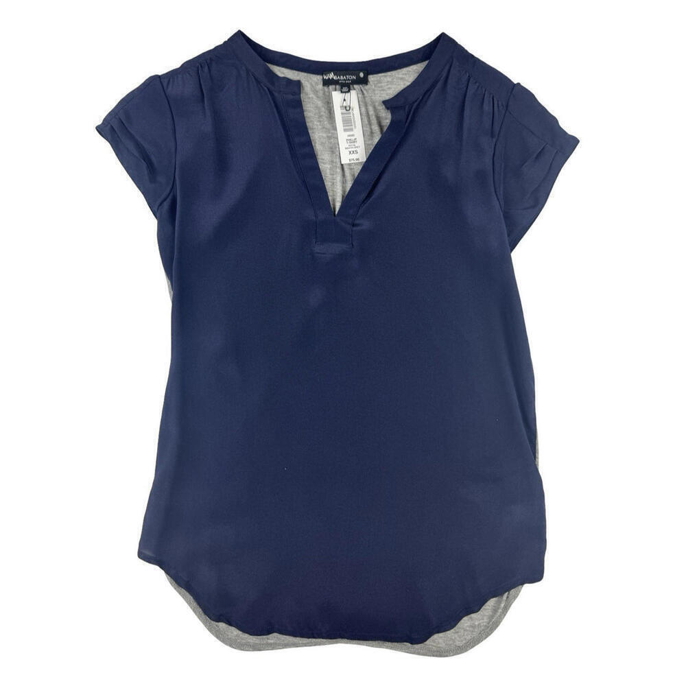 Aritzia Babaton Phillip Blouse T-Shirt Short Sleeve Navy Grey Size XXS